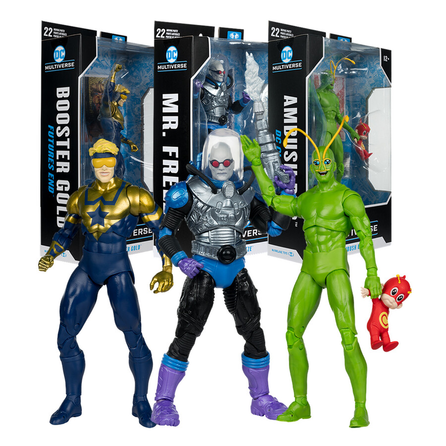 pack de 3 figurines de 18 cm booster gold futures end mr. freeze et ambush bug dc classic.