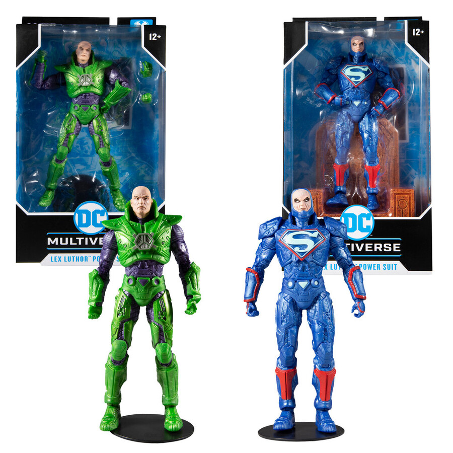 lex luthor avec combinaison de puissance verte et combinaison de puissance bleue lot de 2 figurines de 18 cm