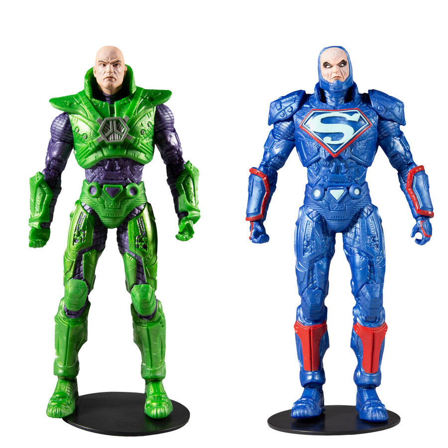 lex luthor avec combinaison de puissance verte et combinaison de puissance bleue lot de 2 figurines de 18 cm