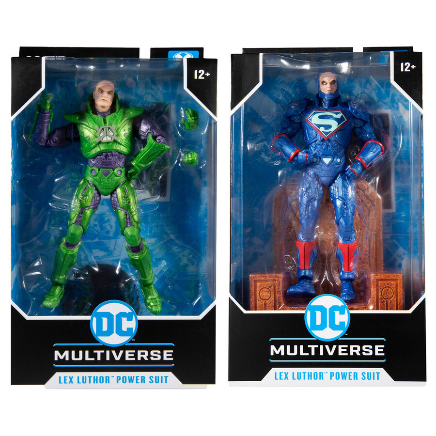 lex luthor avec combinaison de puissance verte et combinaison de puissance bleue lot de 2 figurines de 18 cm