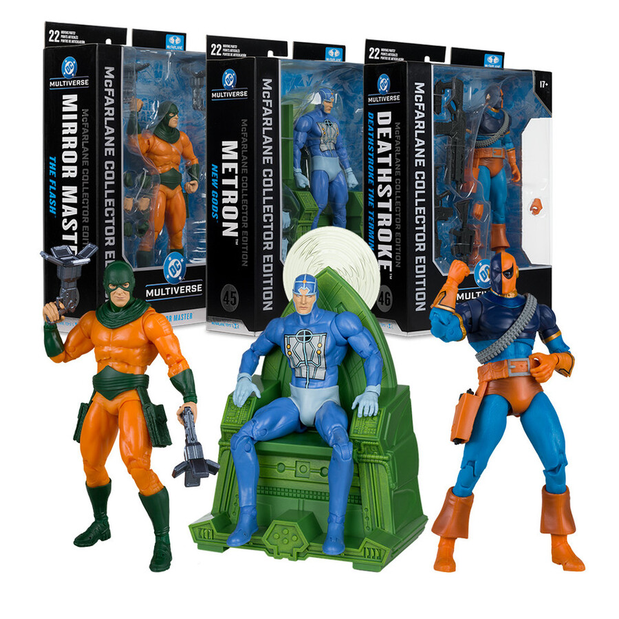 coffret collector mcfarlane 3 figurines de 18 cm mirror master flash metron new gods deathstroke deathstroke terminator