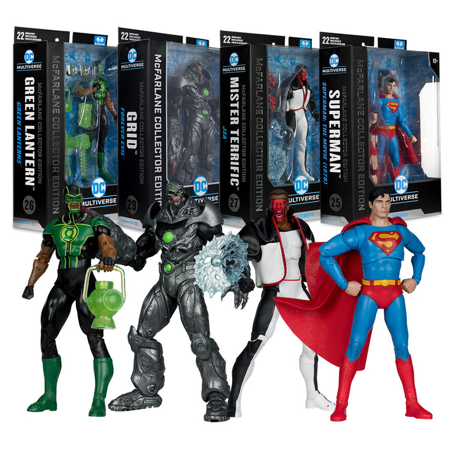 coffret collector mcfarlane 4 figurines de 18 cm green lantern simon baz grid forever evil mister terrific jsa et superman superman film de 1978.