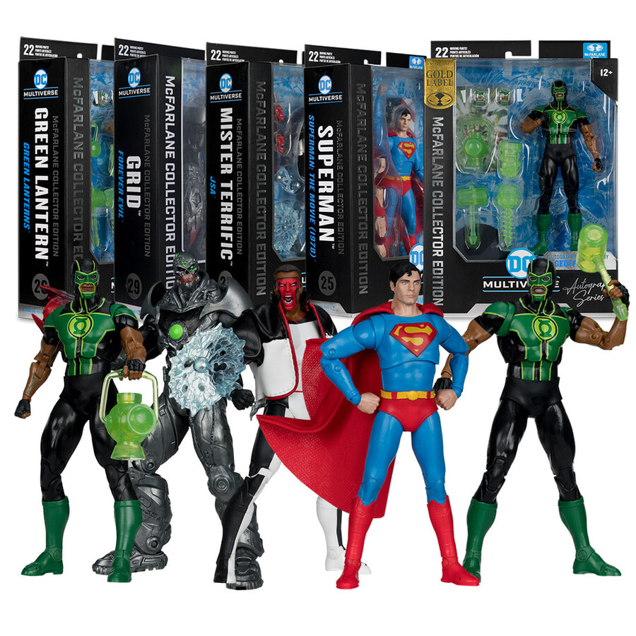 coffret collector mcfarlane de 5 figurines de 18 cm green lantern simon baz green lantern simon baz autograph gold label grid forever evil mister terrific jsa superman superman film de 1978