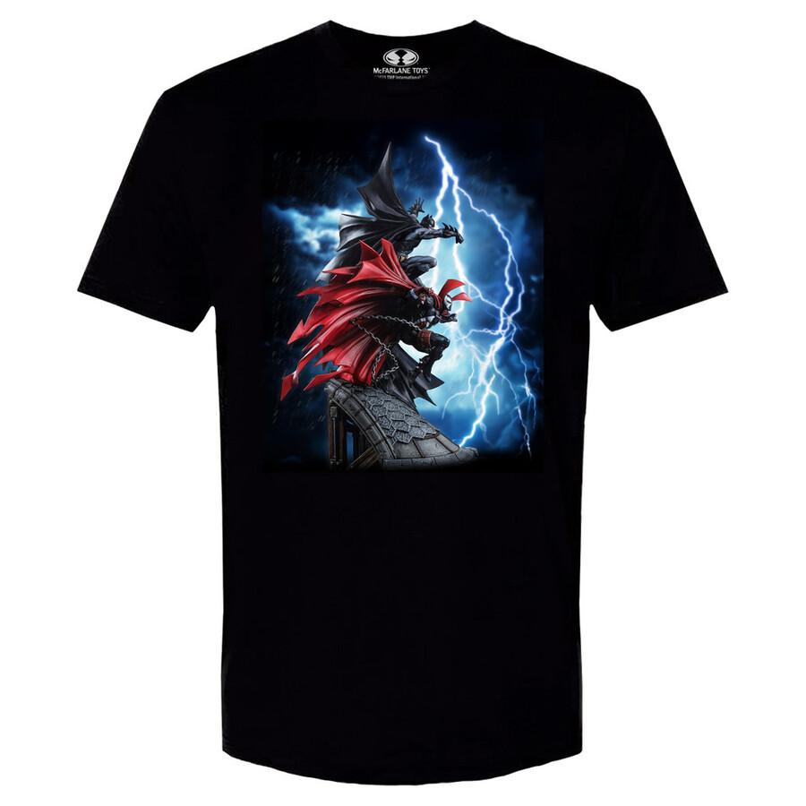 t-shirt noir exclusif mts inspiré de la bd spawn batman 1 et de ses photos de jouets.